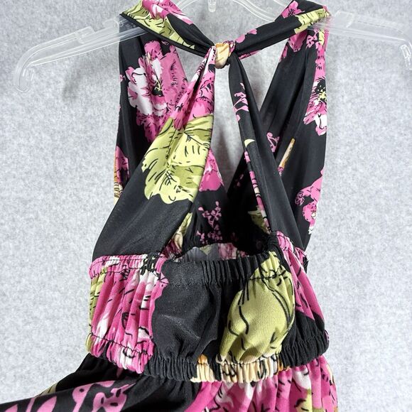 Womens Dress Sz Med Twisted Cross Back Halter Knee Length Pink Green Floral - Picture 5 of 8